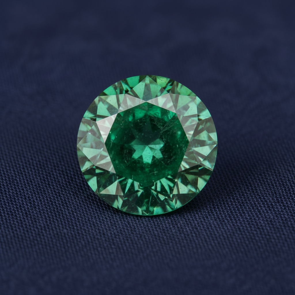 Green emerald gemstone on a dark blue fabric background calibrated focal point jewellery